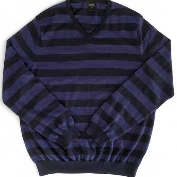 J Crew Mens Sweater Merino Wool XL Preppy Luxury Blue Black Striped Pullover - Picture 1 of 3